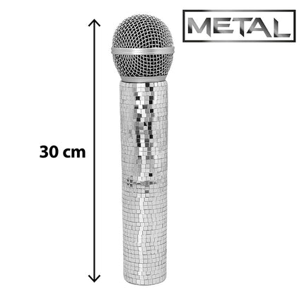 Disco microfoon zilver met handvat vol vierkante spiegeltjes en een bolle kop van metalen gaas