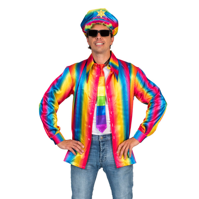 Disco Shirt Rainbow heren vooraanzicht, regenboogoverhemd met grote puntkraag, open gedragen voor een discofeest