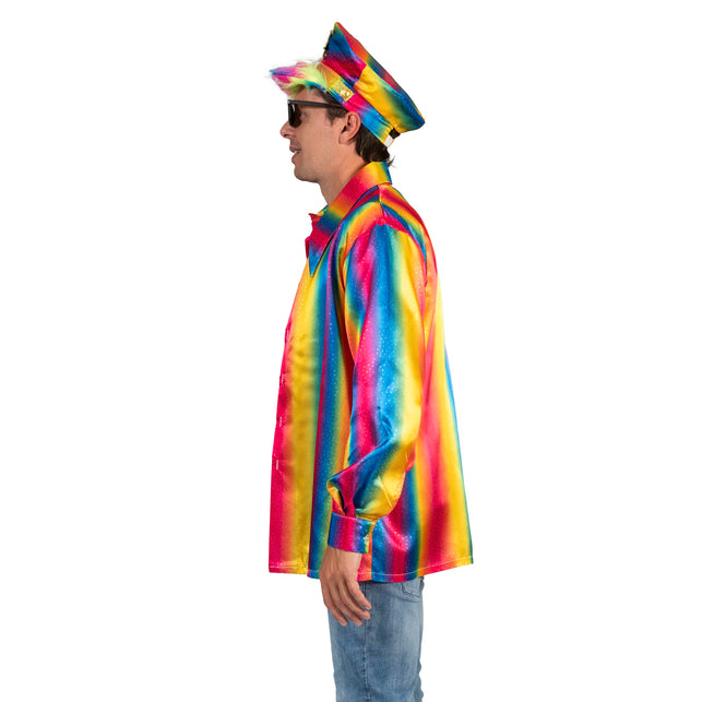 Disco Shirt Rainbow heren zijaanzicht met verticale kleurbanen en lange mouwen met manchet