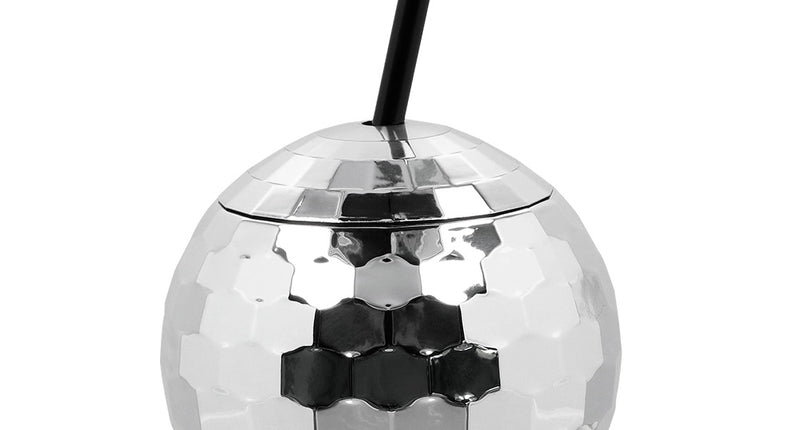 Discobal drinkbeker zilver met facetten, deksel en zwart rietje van 60 cl voor een discofeest