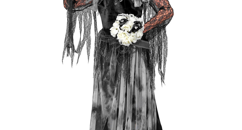 Dode bruid kostuum Semmie met zwart-grijze jurk, kanten sliertmouwen en sluier voor Halloween