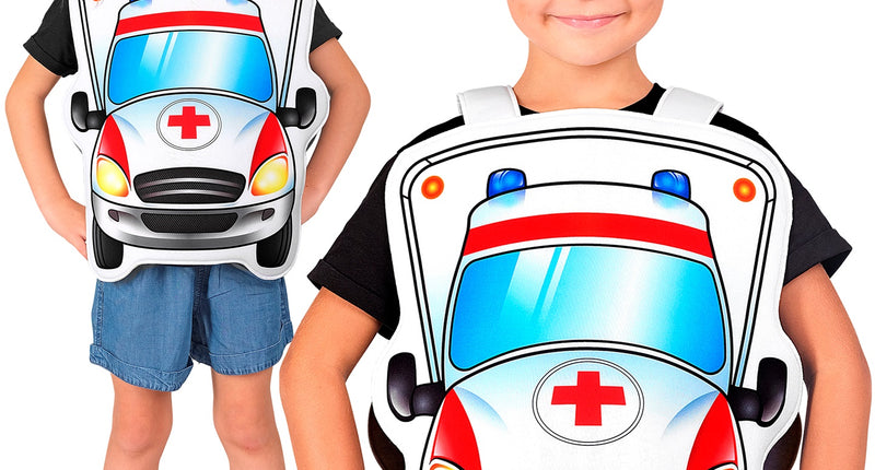 Dokter pak kind met witte ambulance-tabard en pet met rood kruis, gedragen door meisje en jongen