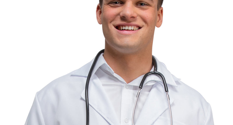 Dokter stethoscoop Hennie zwart om de nek gedragen bij een witte doktersjas voor een themafeest