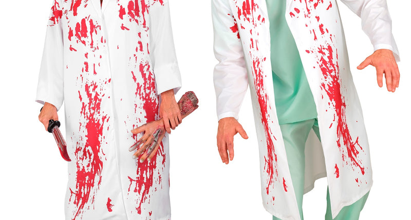 Doktersjas bloederige chirurg in wit met rode bloedspatten, gedragen door dame en heer voor Halloween