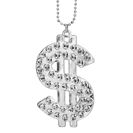 Dollarteken van de bling ketting zilver van dichtbij, met rijen heldere steentjes en een oogje bovenaan