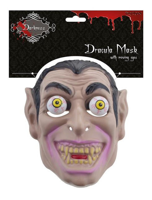 Dracula masker bewegende ogen aan ophangkaart met zwart haar en gele tanden