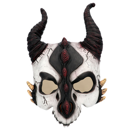 Drakenschedelmasker van latex, vooraanzicht met zwarte oogholtes en donkerrode ribbels