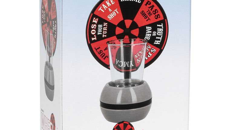Drankspel Wheel of shots in verpakking met rood-zwart draaiwiel, borrelglas en grijze voet