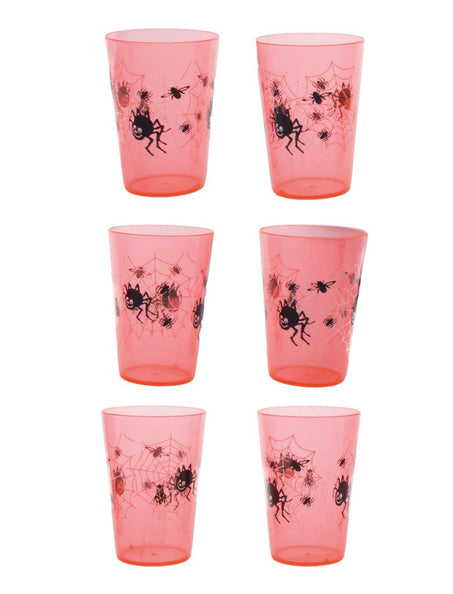 Drink bekers met spinnenweb print, zes doorschijnende bekers met zwarte spinnen in een web