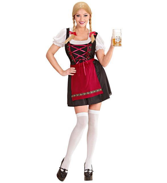 Duits biermeisje jurkje Diana met zwarte rok, rood schort en witte pofmouwblouse voor Oktoberfest