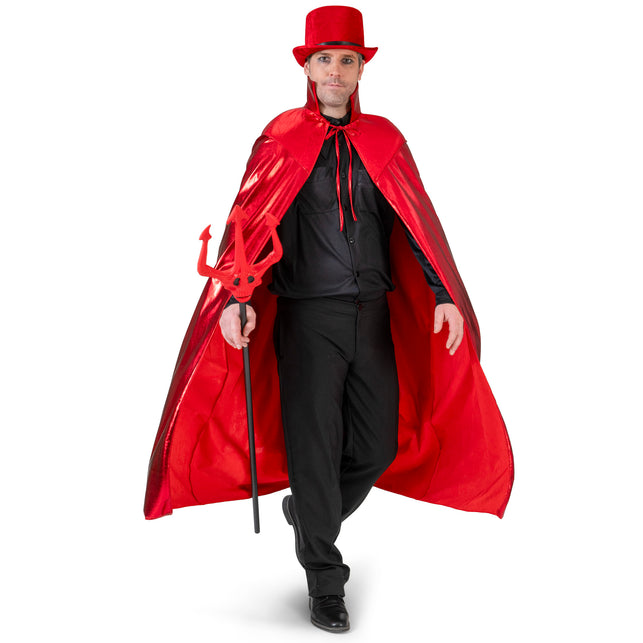 Duivel cape volwassenen rood, lange metallic cape met opstaande kraag en koordsluiting voor Halloween