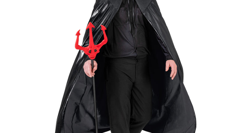 Duivel cape volwassenen zwart, glanzende lange cape met opstaande kraag, gedragen bij Halloween