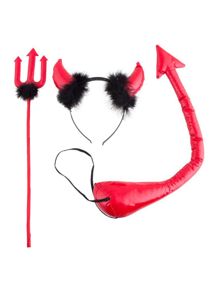 Duivel set driedelig: rode diadeem met hoorntjes, staart en drietand met zwarte marabou voor Halloween