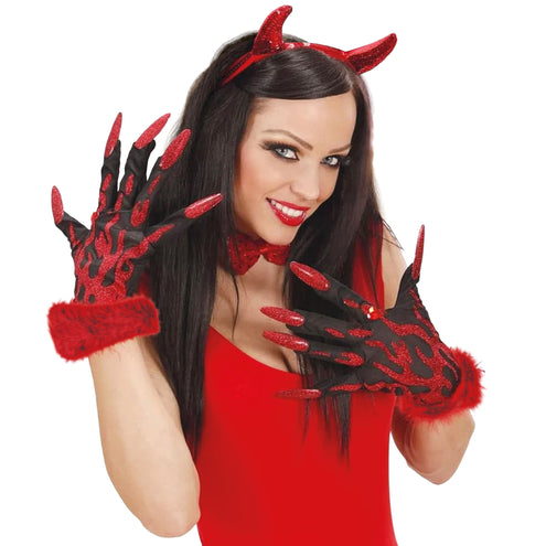 Duivelhandschoenen gedragen bij een rode jurk met hoorntjes, voor Halloween of carnaval