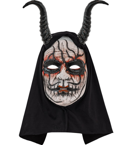 Duivelmasker Milan met zwarte hoorns, wit gezicht met rode strepen en zwarte kap voor Halloween