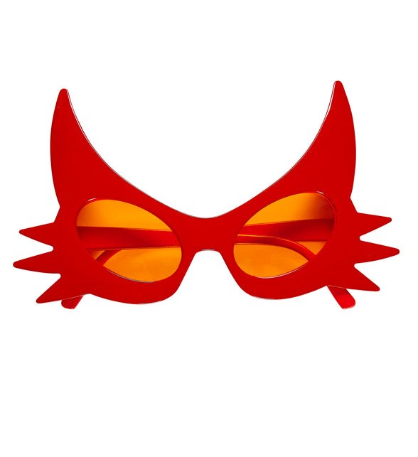 Duivels brillen rood montuur met hoorns en oranje getinte glazen