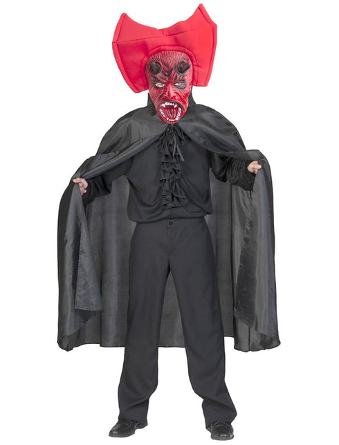 Duivelsmasker met cape: rood duivelsmasker met horens en zwarte cape voor Halloween