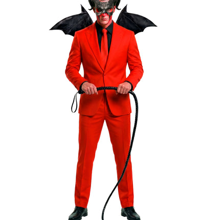 Duivelszweep zwart uitgestrekt bij rood duivelspak met masker