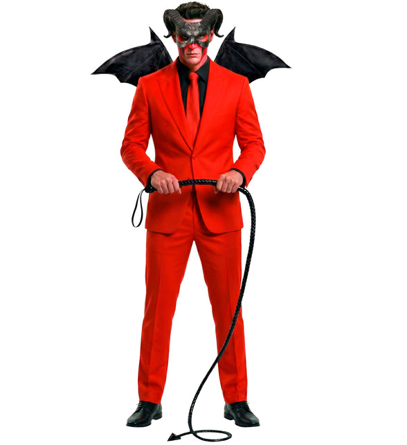 Duivelszweep zwart uitgestrekt bij rood duivelspak met masker