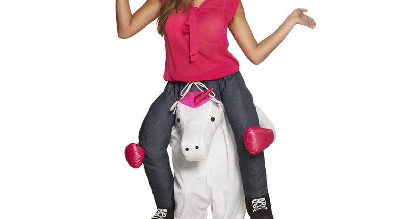 Eenhoorn instapbroek volwassenen in wit pluche met roze hoorn, manen en hoefjes voor een verkleedfeest