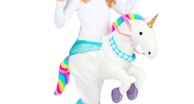Eenhoorn kostuum voor meisjes, wit ride-on model met regenboogmanen, gouden hoorn en haarband