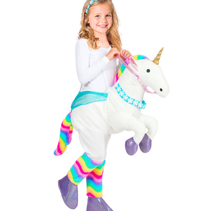Eenhoorn kostuum meisjes van zij, turquoise zadeldoek en roze halster met regenboogstaart