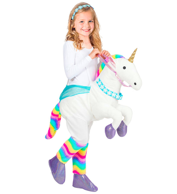 Eenhoorn kostuum meisjes van zij, turquoise zadeldoek en roze halster met regenboogstaart