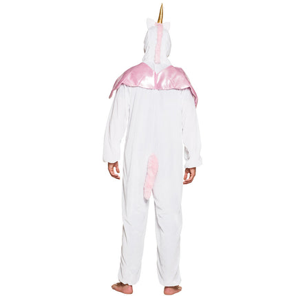 Eenhoorn onesie van achteren gedragen, roze staart op heuphoogte en glanzende vleugels op de rug