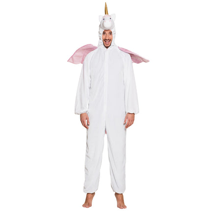 Eenhoorn onesie voor heren met capuchon op, rits over de voorkant en lange pluche broekspijpen