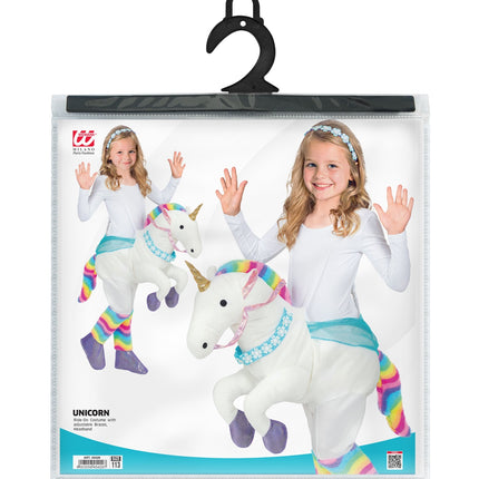 Eenhoorn ride-on kostuum in verpakking met verstelbare bretels en haarband, maat 113 cm