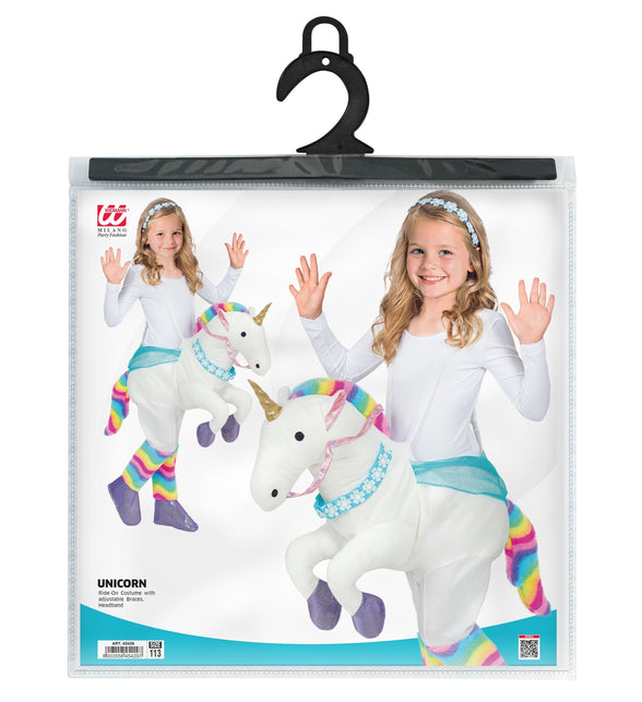 Eenhoorn ride-on kostuum in verpakking met verstelbare bretels en haarband, maat 113 cm