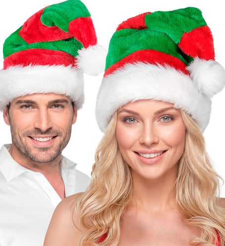 Elf hoed pluche gedragen door man en vrouw, rood-groene kerstmuts voor Kerst