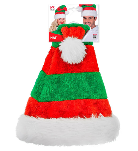 Elf hoed pluche in verpakking, rood-groen gestreepte kerstmuts met brede witte rand