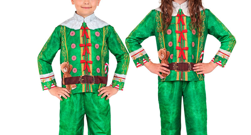 Elf kostuum kinderen in groen met rode strikjes, snoepprint en puntmuts, voor Kerst