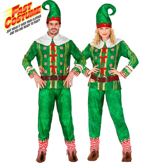 Elf kostuum Lotte dames groen met witte kraag en puntmuts, kersthulp-look voor Kerst