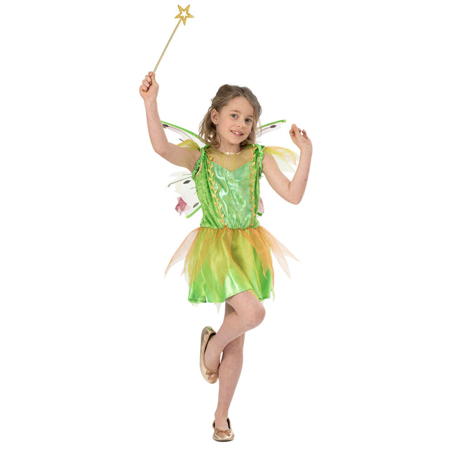 Elf Mila elfenjurkje voor meisjes, rok van oranje en groene tule over een glanzende groene onderrok