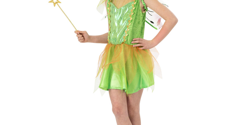Elf Mila groen elfenjurkje met gouden blaadjesbies en puntige glittertule, gedragen door een meisje voor carnaval
