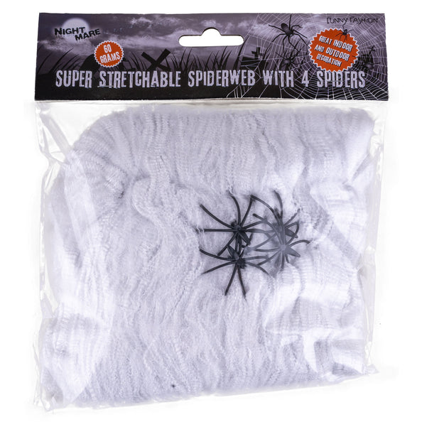 Eng spinnenweb wit van polyester met vier zwarte plastic spinnen, 60 gram in verpakking, Halloweendecoratie