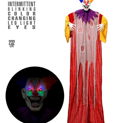 Enge clown decoratie 232cm met detail van de kleurwisselende ledogen in het masker