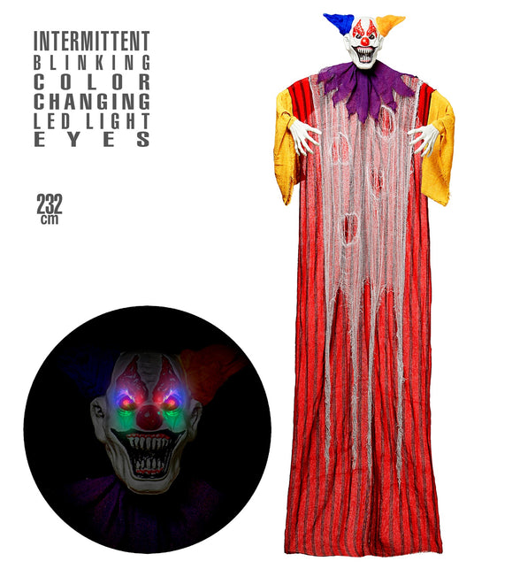 Enge clown decoratie 232cm met detail van de kleurwisselende ledogen in het masker
