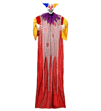 Enge clown decoratie 232cm met rode gestreepte mantel, paarse kraag en gele mouwen voor Halloween