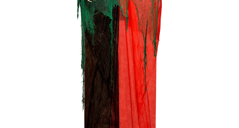 Enge clown decoratie 240cm met wit schedelmasker, regenboogkraag en rood zwart gewaad voor Halloween