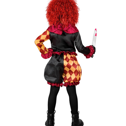 Enge clown kostuum kind achterzijde met zwarte jas, geruite mouw en geplooide taille