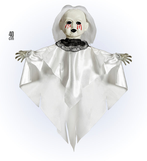 Enge pop hangdecoratie met uitgestrekte armen en in punten gesneden witte stof, met maataanduiding