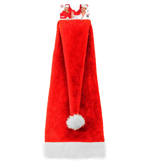 Extra lange rode kerstmuts van 125 cm in verpakking, met witte pompon halverwege de punt