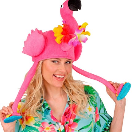 Flamingo hoed hawaii op het hoofd van een dame, lange flamingopoten langs het gezicht