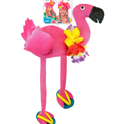 Flamingo hoed hawaii zijaanzicht met opgevulde vleugels en verpakkingskaart