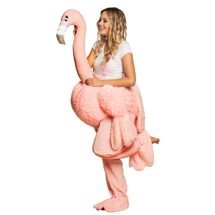 Flamingo instapkostuum in roze pluche met lange nek en broek met bretels voor een dierenfeest