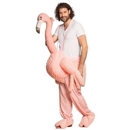 Flamingo kostuum voor heren, roze broek met flamingovoeten en witte snavel aan de nek