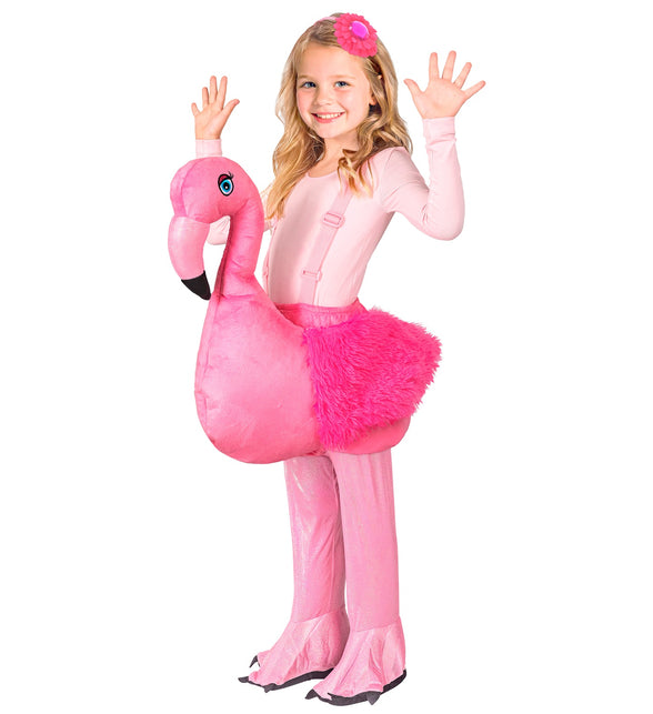 Flamingo kostuum meisjes in roze, ride-on model met verstelbare bretels en bloemhoofdband voor verkleedfeest